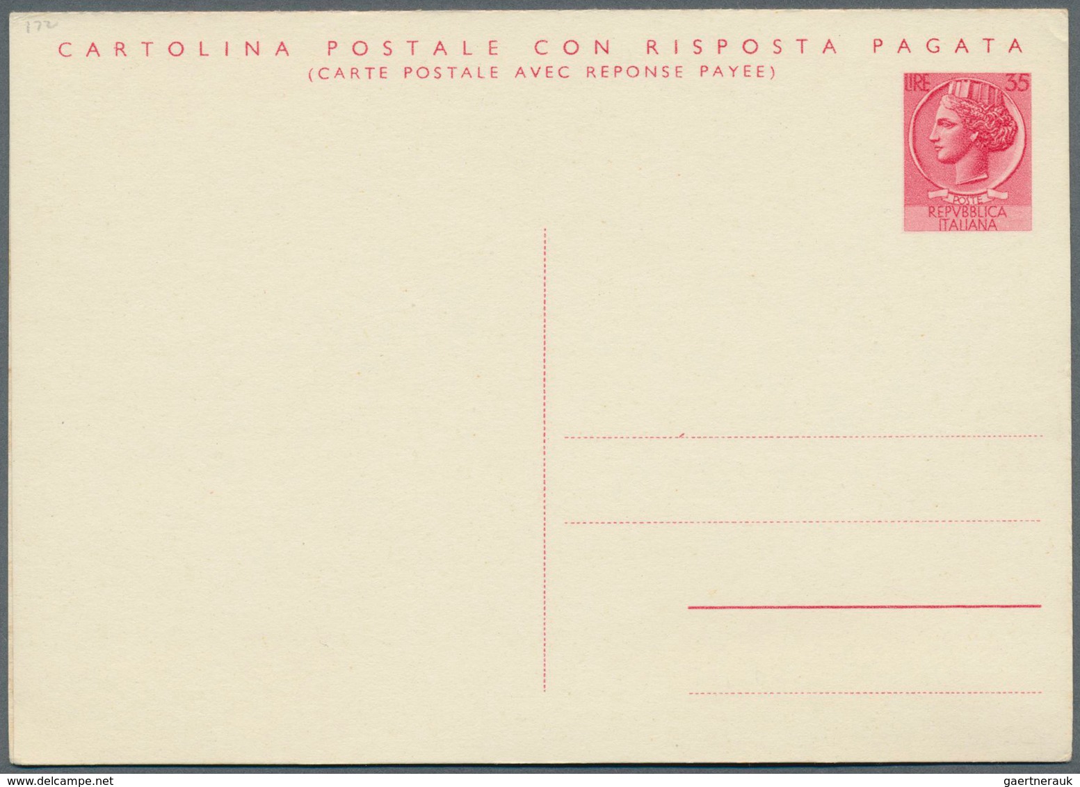 Italien - Ganzsachen: 1956: 35 L + 35 L Bilingual Replay Postal Stationary Card, Unused, Rare. (Mi. - Stamped Stationery