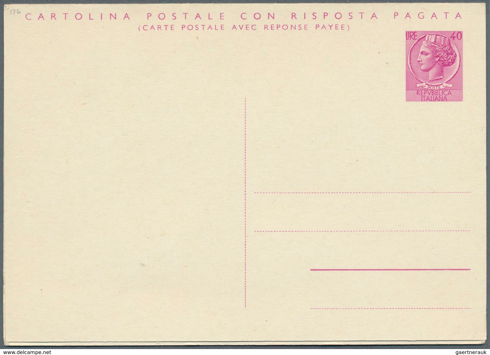 Italien - Ganzsachen: 1961: 40 L. + 40 L. Double Postal Stationery Card, "40 L Bilingual", Very Fine - Interi Postali