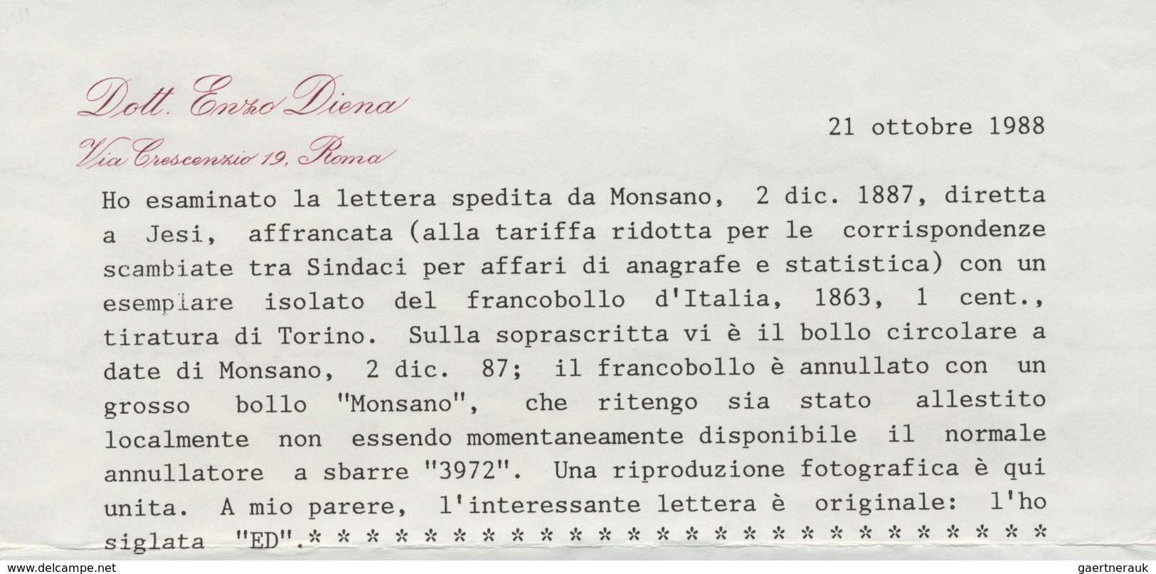 Italien - Stempel: MONSANO: Circular From Monsano To Jesi, Franked With 1 Centesimi - In The Reduced - Marcofilie