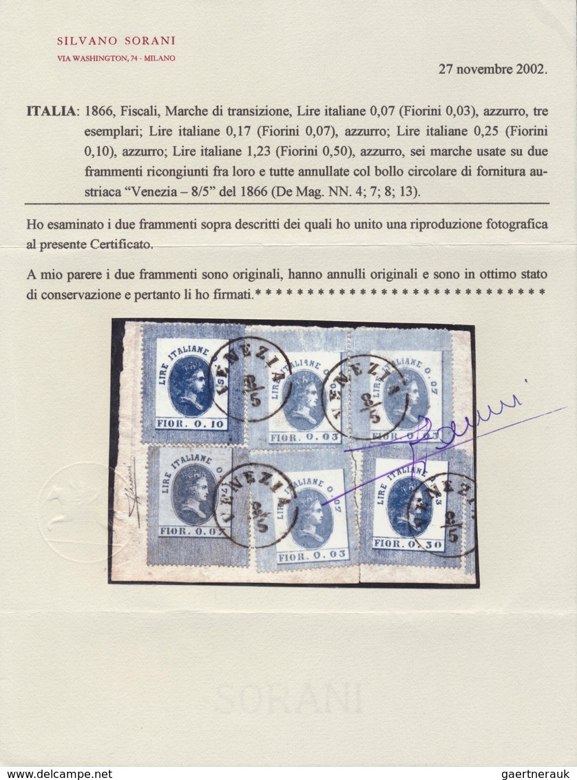 Italien - Besonderheiten: 1866, Six Transitional Fiscal Stamps - 3x Lire Italiane 0,07 (Fiorini 0,03 - Zonder Classificatie