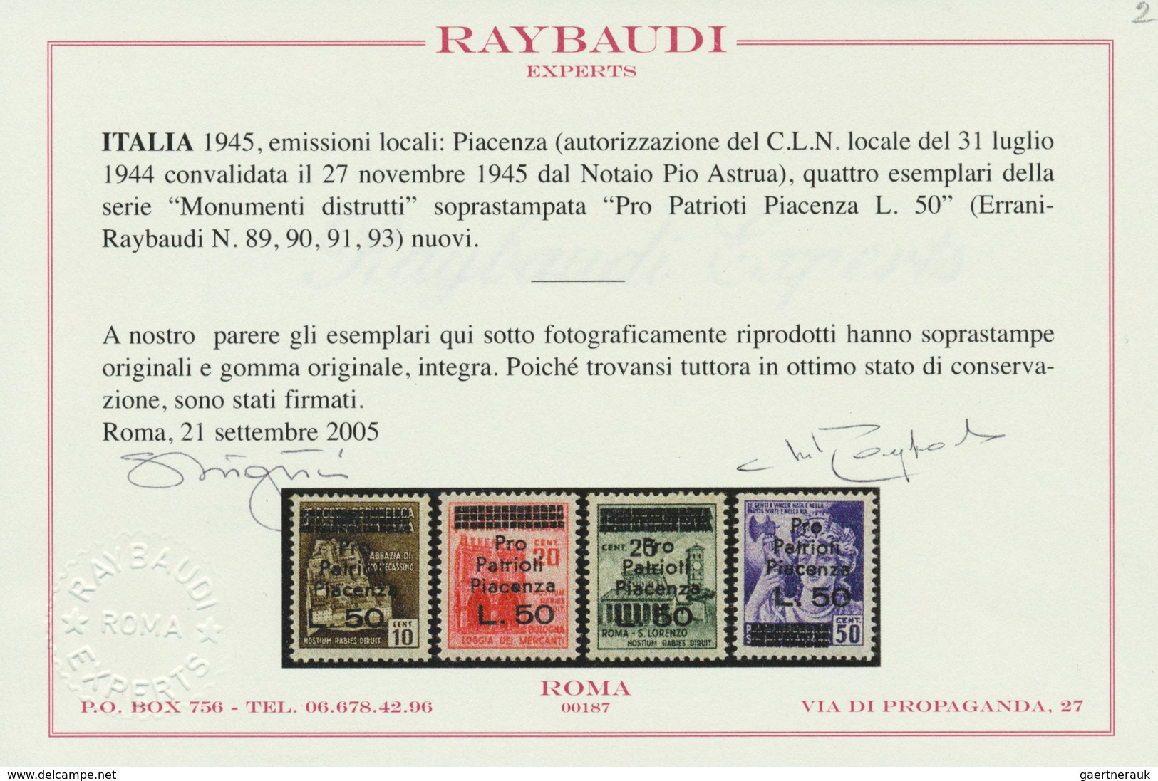 Italien - Besonderheiten: PIANCENZA (Local Post): 1945, 4 Items With Overprint "Pro Patrioti Piacenz - Unclassified
