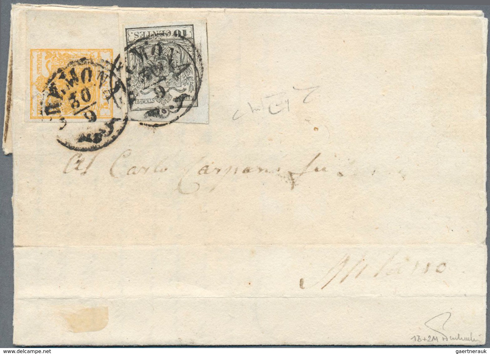 Österreich - Lombardei Und Venetien: 1850: 5 C Orange Mit 9 Mm Rand Rechts Und 10 C Maschinenpapier - Lombardije-Venetië