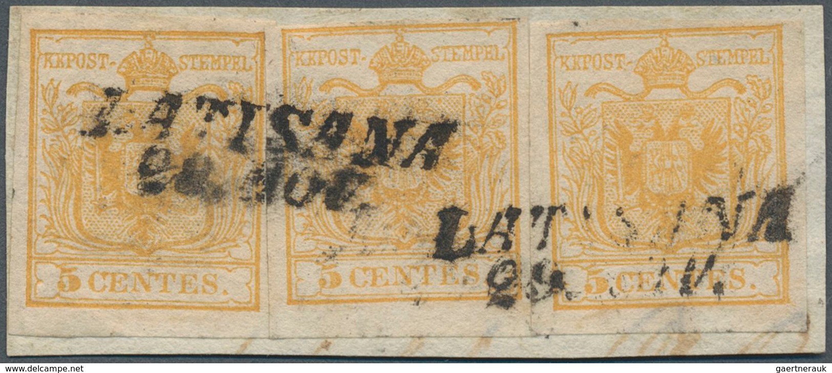 Österreich - Lombardei Und Venetien: 1850, 5 C. Gelb, Erstdruck, Dreimal Auf Briefstück, Entwertet M - Lombardy-Venetia