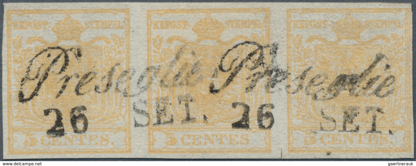 Österreich - Lombardei Und Venetien: 1850, 5 C Gelbocker, Seidenpapier, Waagerechter 3er-Streifen, A - Lombardije-Venetië