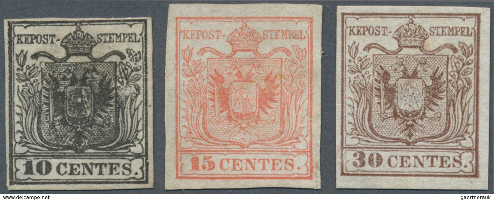 Österreich - Lombardei Und Venetien: 1850, 10 C Schwarz, 15 C Rot U. 30 C Braun, Je Handpapier In Ty - Lombardije-Venetië