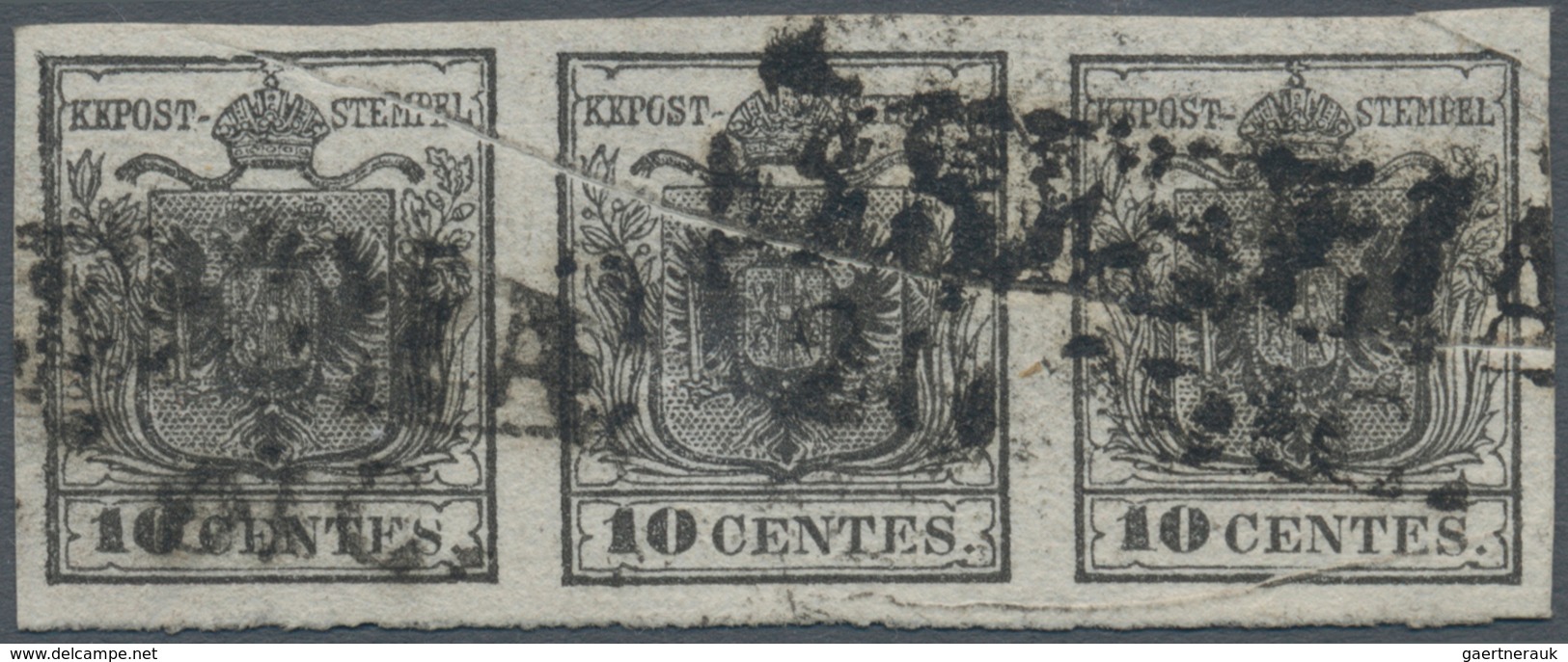 Österreich - Lombardei Und Venetien: 1850, 10 C Schwarz, Handpapier, Waagerechter 3er-Streifen, Alls - Lombardo-Veneto