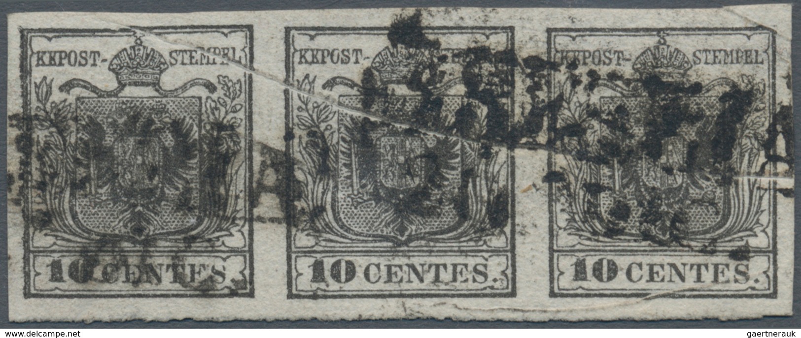 Österreich - Lombardei Und Venetien: 1850, 10 C Schwarz, Handpapier, Waagerechter 3er-Streifen, Alls - Lombardy-Venetia