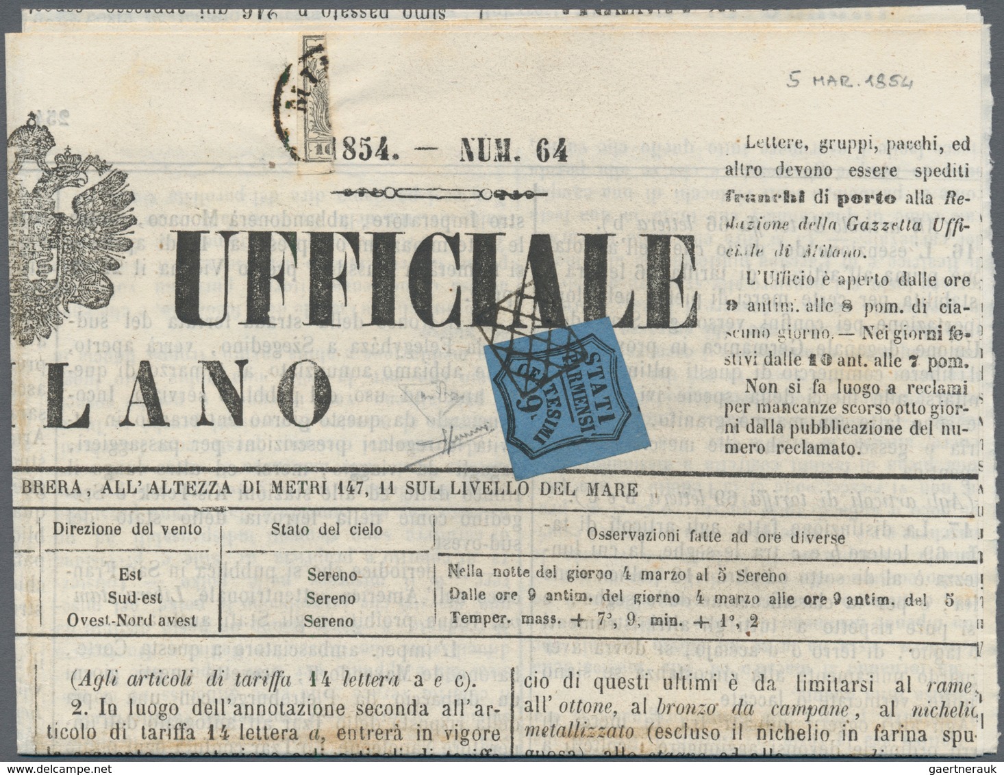 Österreich - Lombardei Und Venetien: 1854 "Offizielle Zeitung Von Mailand" (Gazetta Ufficiale Di Mil - Lombardo-Veneto