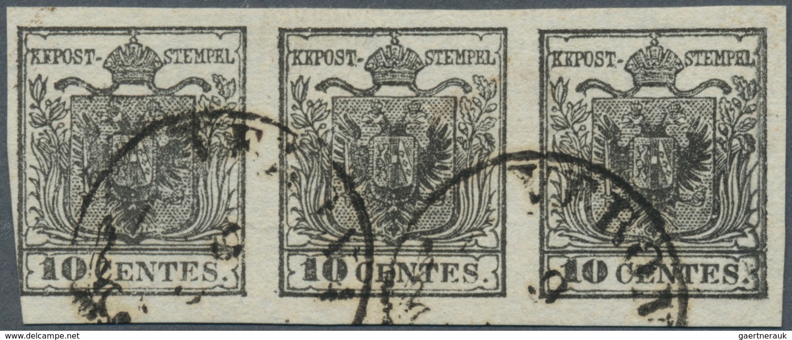 Österreich - Lombardei Und Venetien: 1850, 10 C Grauschwarz, Handpapier, Waagerechter 3er-Streifen M - Lombardo-Veneto