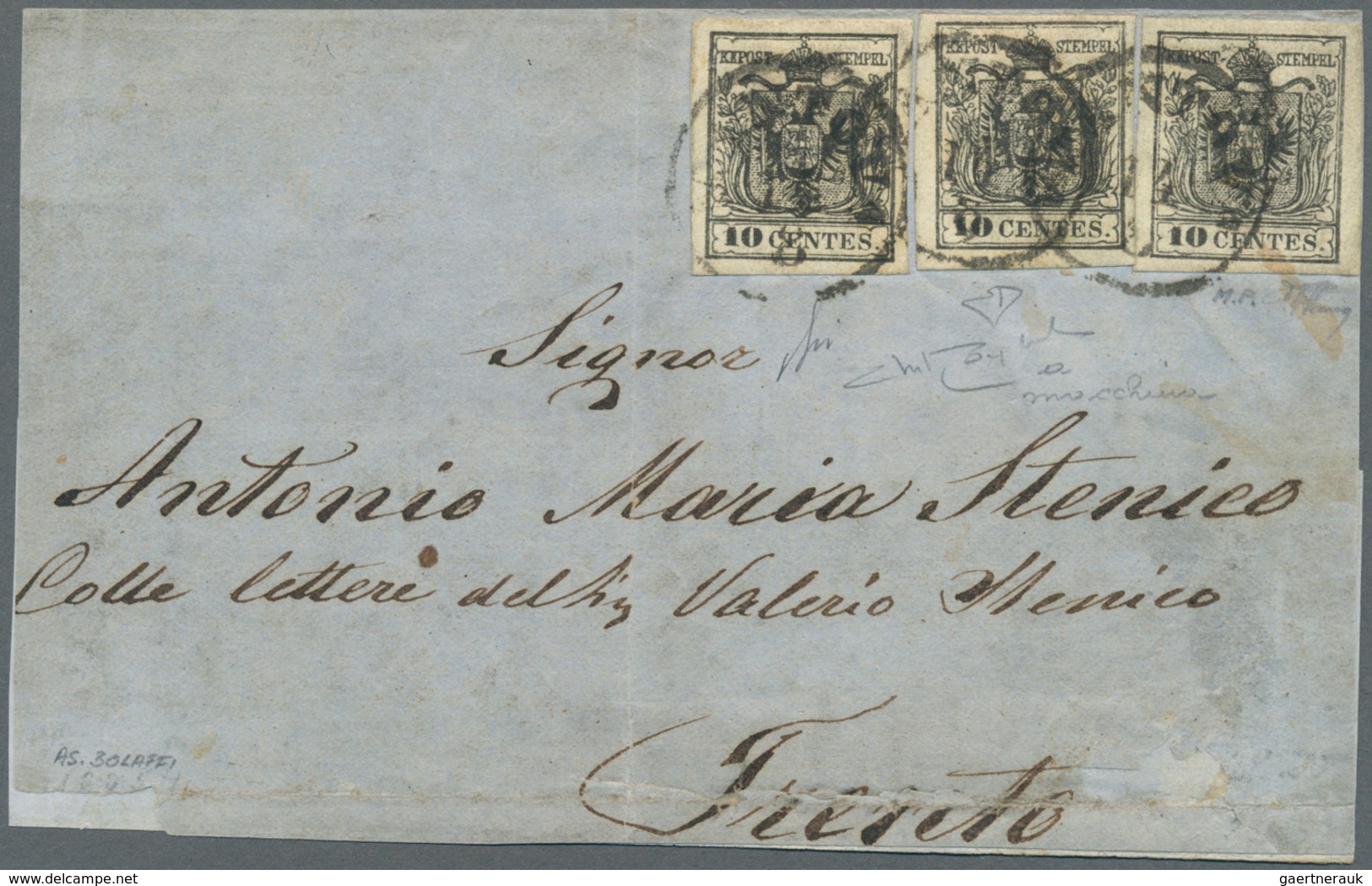 Österreich - Lombardei Und Venetien: 1857, 3 X 10 C Schwarz, Maschinenpapier, Alle Marken Vollrandig - Lombardo-Veneto