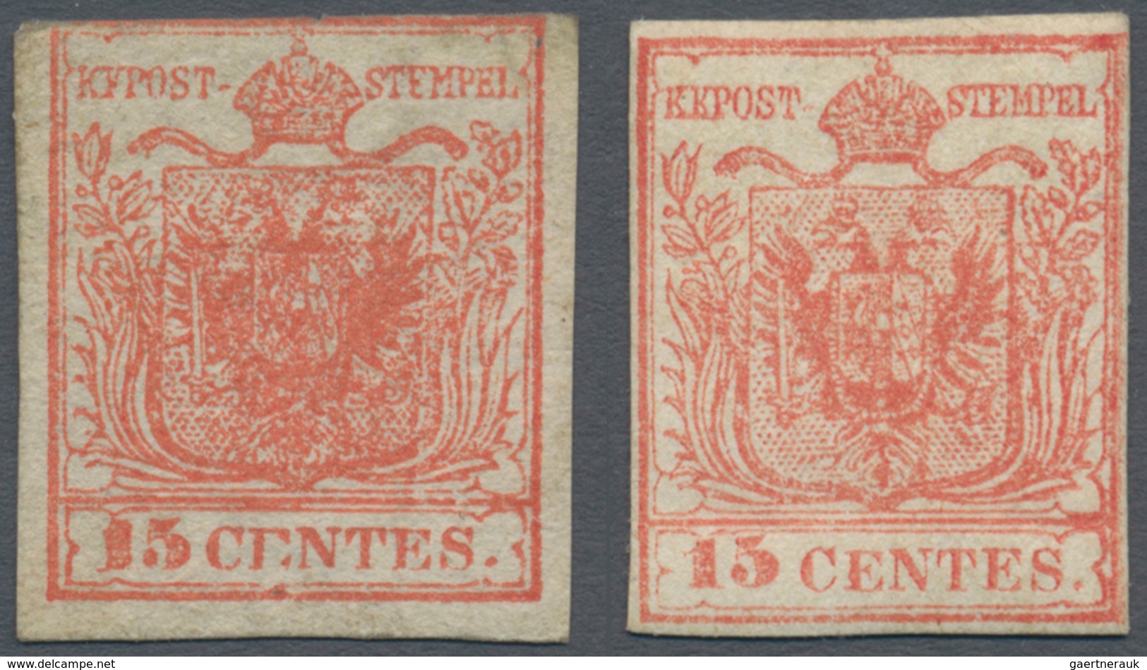 Österreich - Lombardei Und Venetien: 1850/1854, 15 C Rot, Handpapier, Type I, Dreiseits Vollrandig, - Lombardo-Veneto