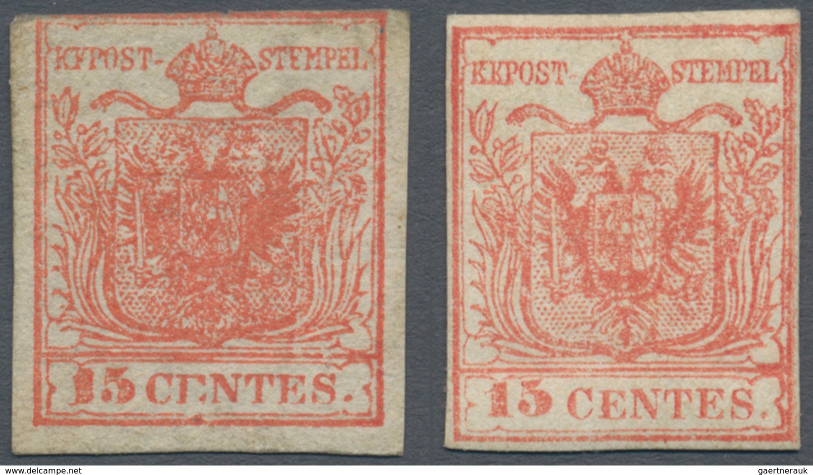 Österreich - Lombardei Und Venetien: 1850/1854, 15 C Rot, Handpapier, Type I, Dreiseits Vollrandig, - Lombardy-Venetia