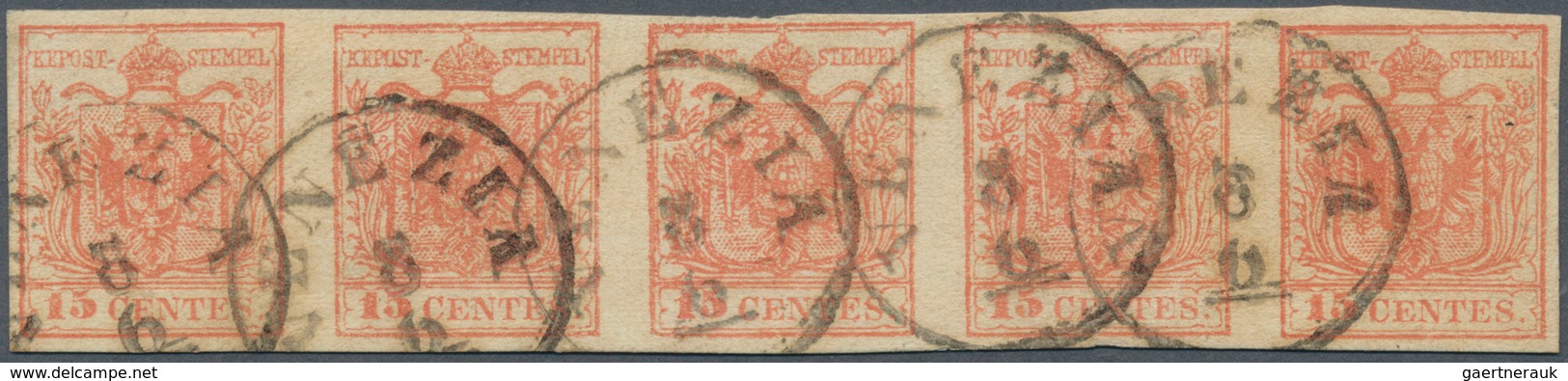 Österreich - Lombardei Und Venetien: 1854/1857, 15 C Rot, Maschinenpapier, Waagerechter 5er-Streifen - Lombardo-Veneto
