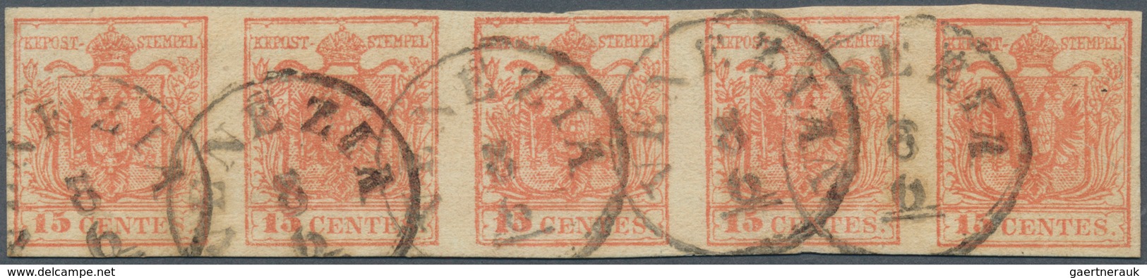 Österreich - Lombardei Und Venetien: 1854/1857, 15 C Rot, Maschinenpapier, Waagerechter 5er-Streifen - Lombardy-Venetia