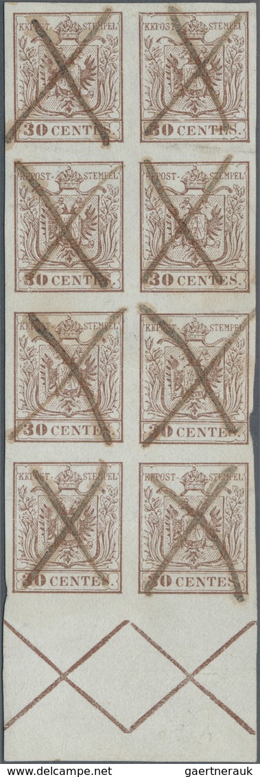Österreich - Lombardei Und Venetien: 1850, 30 C Braun, Erstdruck, Senkrechter Achterblock Mit Unten - Lombardy-Venetia