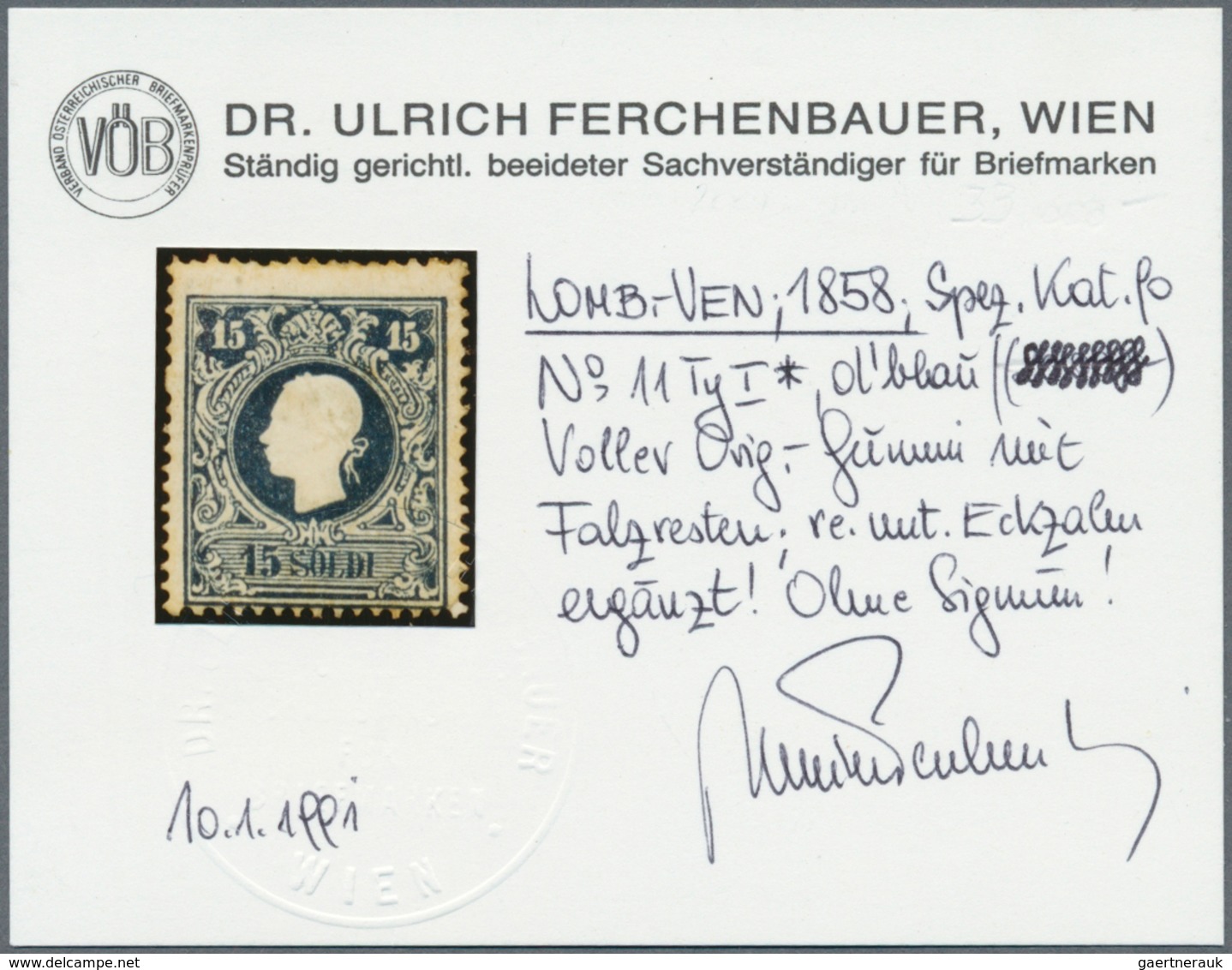 Österreich - Lombardei Und Venetien: 1858, 15 Soldi Blau, Type I, Voller Originalgummi Mit Falzreste - Lombardo-Veneto