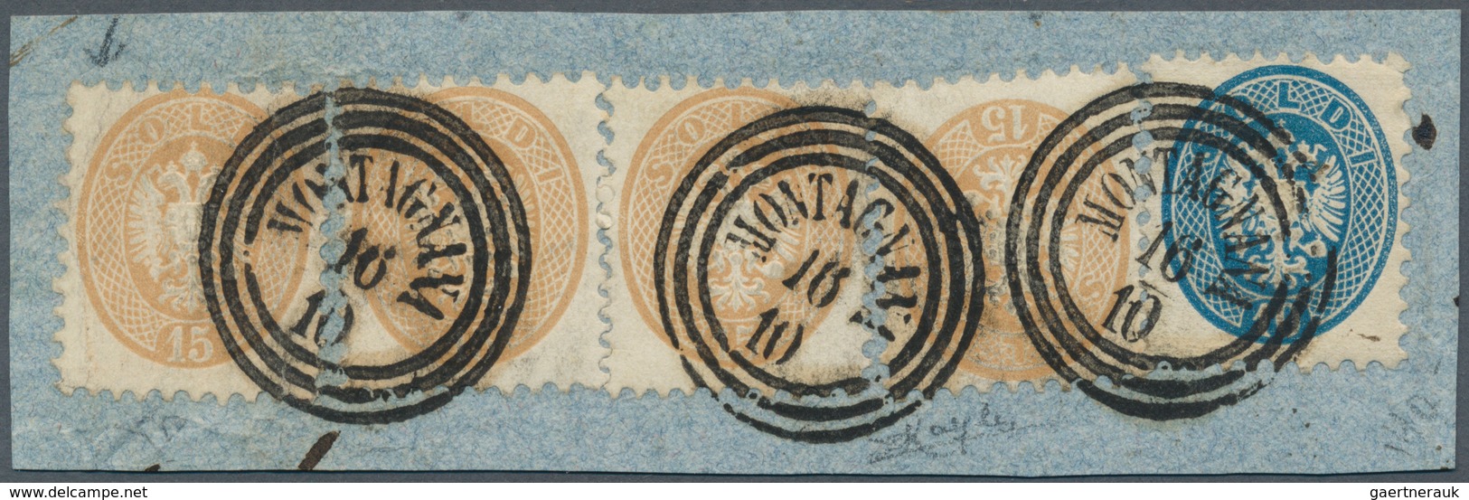 Österreich - Lombardei Und Venetien: 1864, 10 So Blau Und 4 X 15 So Braun, Nebeneinander Auf Briefst - Lombardo-Veneto