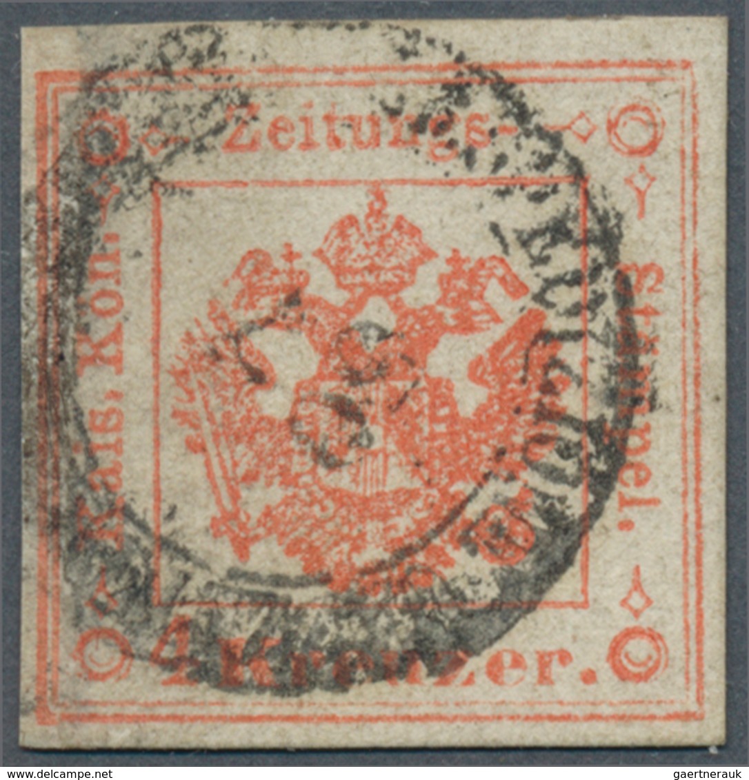 Österreich - Lombardei Und Venetien - Zeitungsstempelmarken: 1858, 4 Kreuzer Rot, Dreiseits Vollrand - Lombardije-Venetië