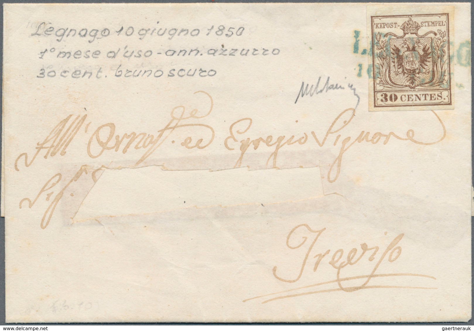 Österreich - Lombardei Und Venetien - Stempel: 1850: LEGNANO 10 GIU (1850), In BLAU Auf 30 C Erstdru - Lombardije-Venetië