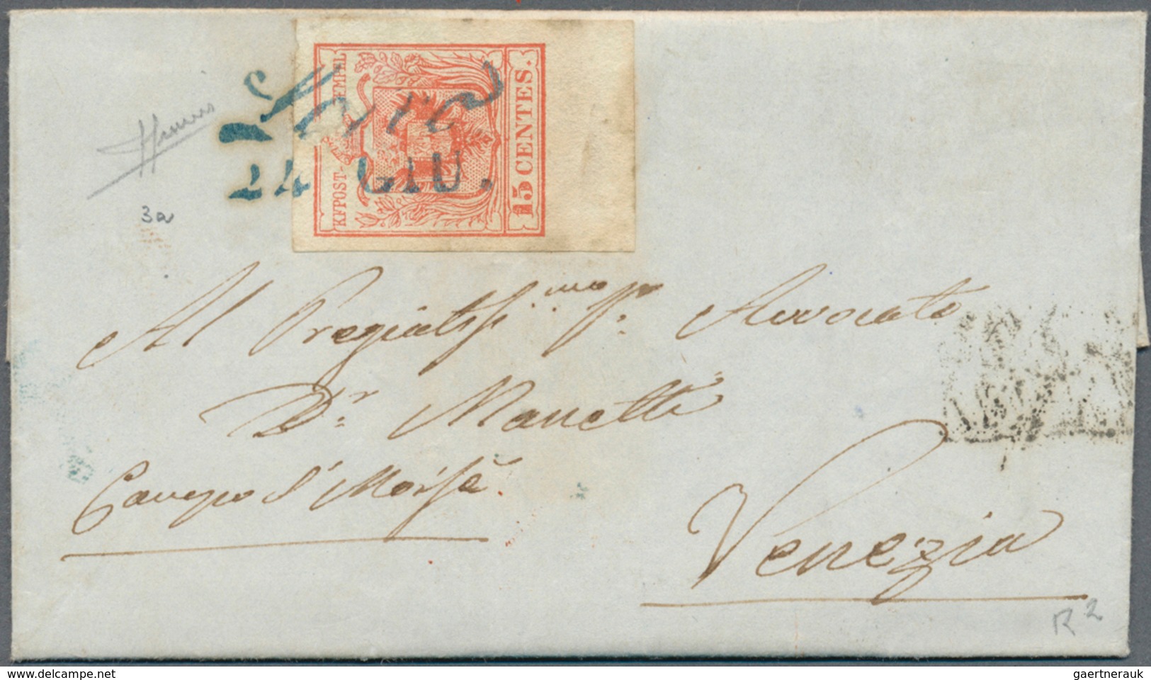 Österreich - Lombardei Und Venetien - Stempel: 1850: LOREO 24 GIU, In Blau (Sassone R2) Auf 15 C Ers - Lombardy-Venetia