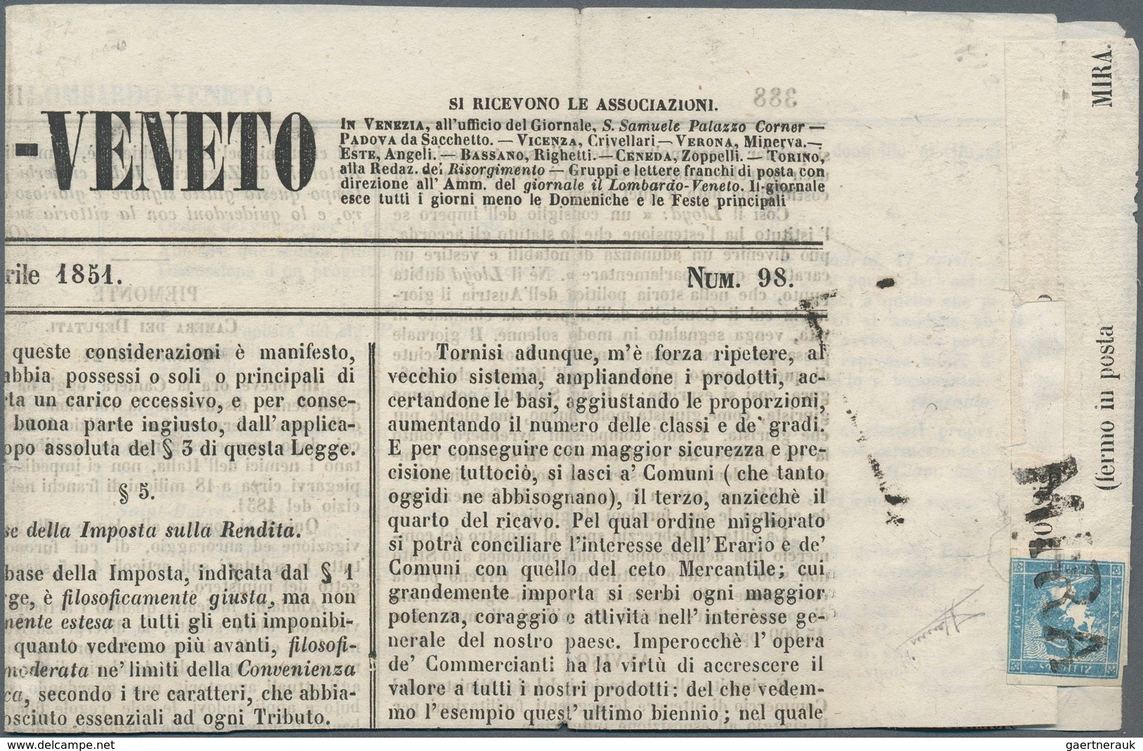 Österreich - Lombardei Und Venetien - Stempel: "MIRA", Sehr Seltenen L1 Ohne Datum, Auf Blauem Merku - Lombardy-Venetia