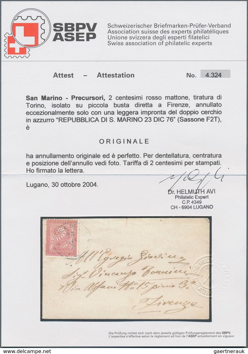 San Marino: 1876, Italy: 2 C Brick-red, Tied By Double Circle Dater REPUBBLICA DI S.MARINO, 23 DIC 7 - Andere & Zonder Classificatie