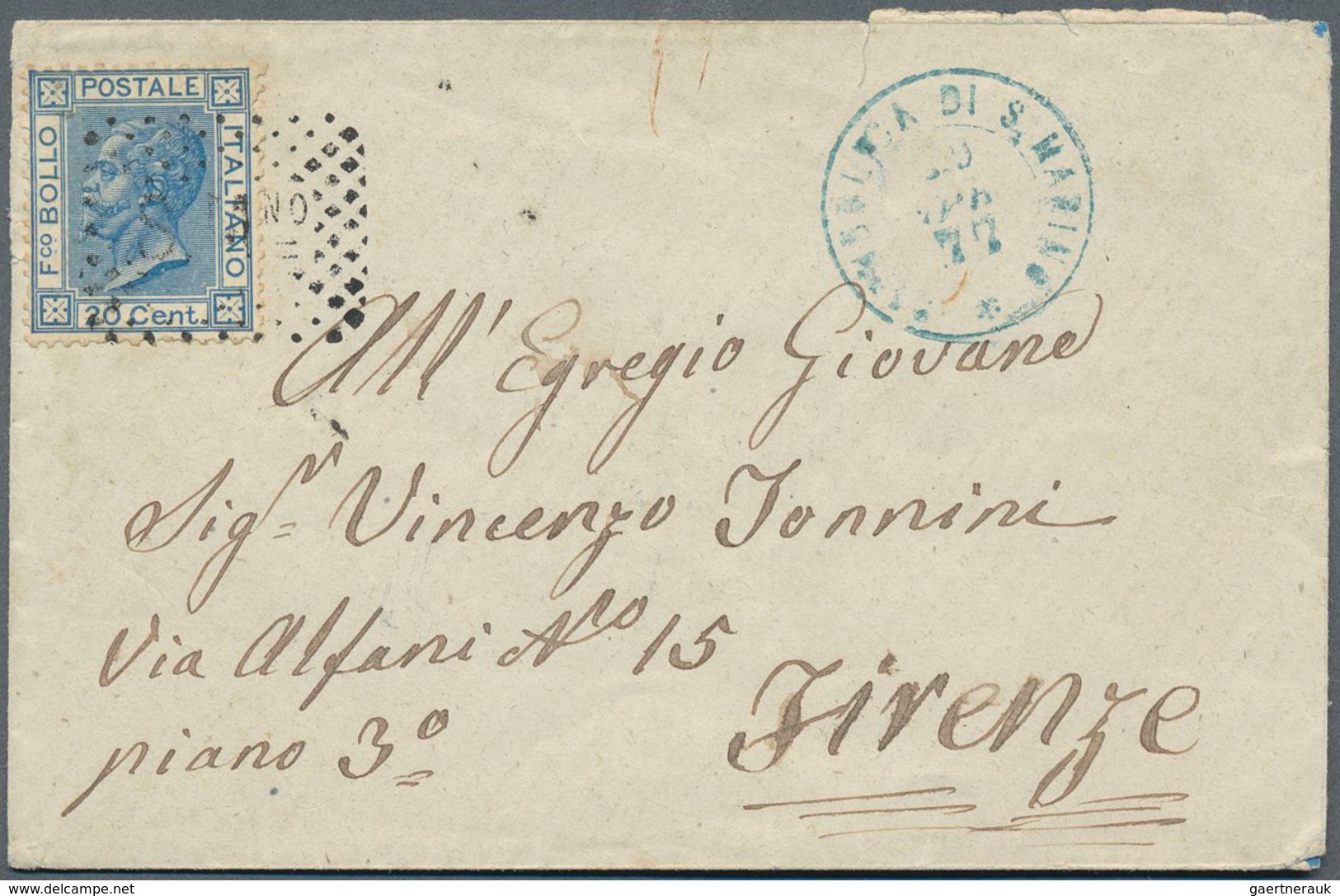 San Marino: 1877, Italy: 20 C Blue, Tied By Grid Cancel "S.Mno", Along With Blue Double Circle Dater - Andere & Zonder Classificatie