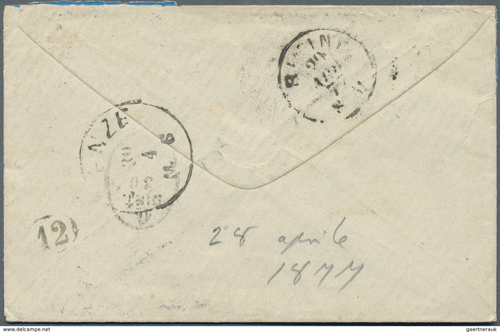 San Marino: 1877, Italy: 20 C Blue, Tied By Grid Cancel "S.Mno", Along With Blue Double Circle Dater - Andere & Zonder Classificatie