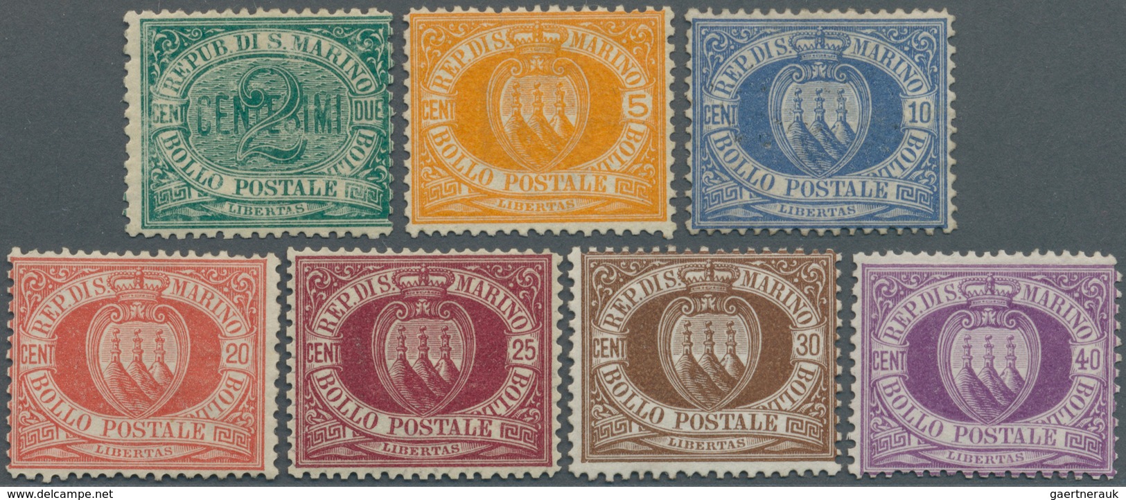 San Marino: 1877/1890, Coat Of Arms Complete Set Of Seven 2c. Green To 40c. Violet Mint Lightly Hing - Andere & Zonder Classificatie