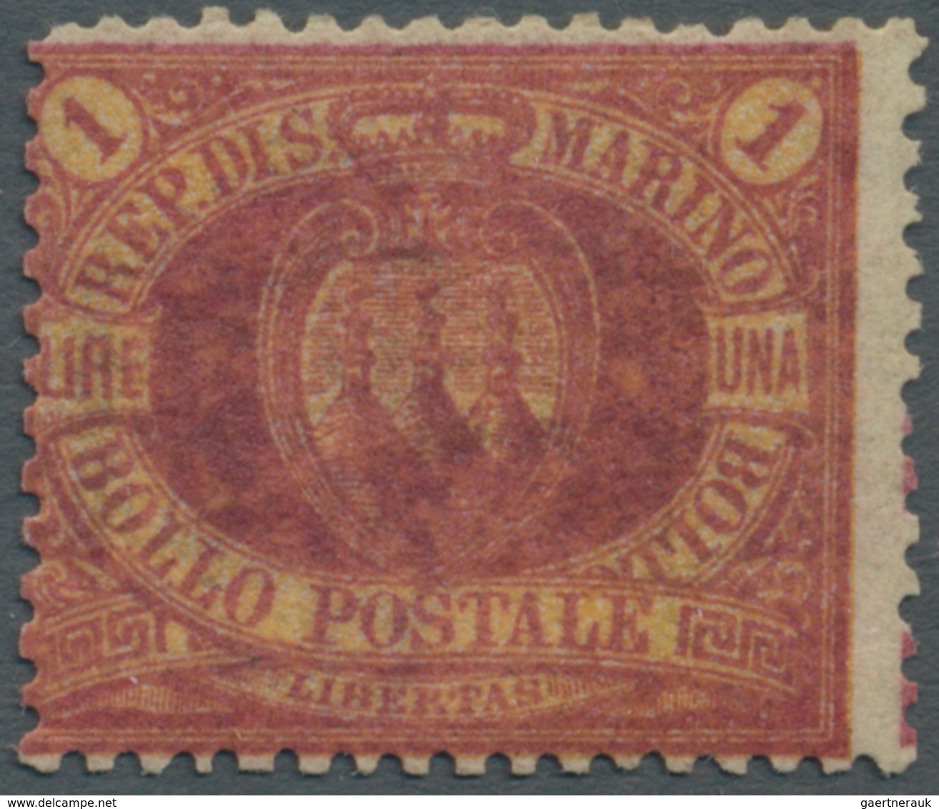 San Marino: 1892, 1 L. Carmine And Yellow, Mint Tiny Hinge Remain, Expertised Thier And Diena, Sasso - Andere & Zonder Classificatie