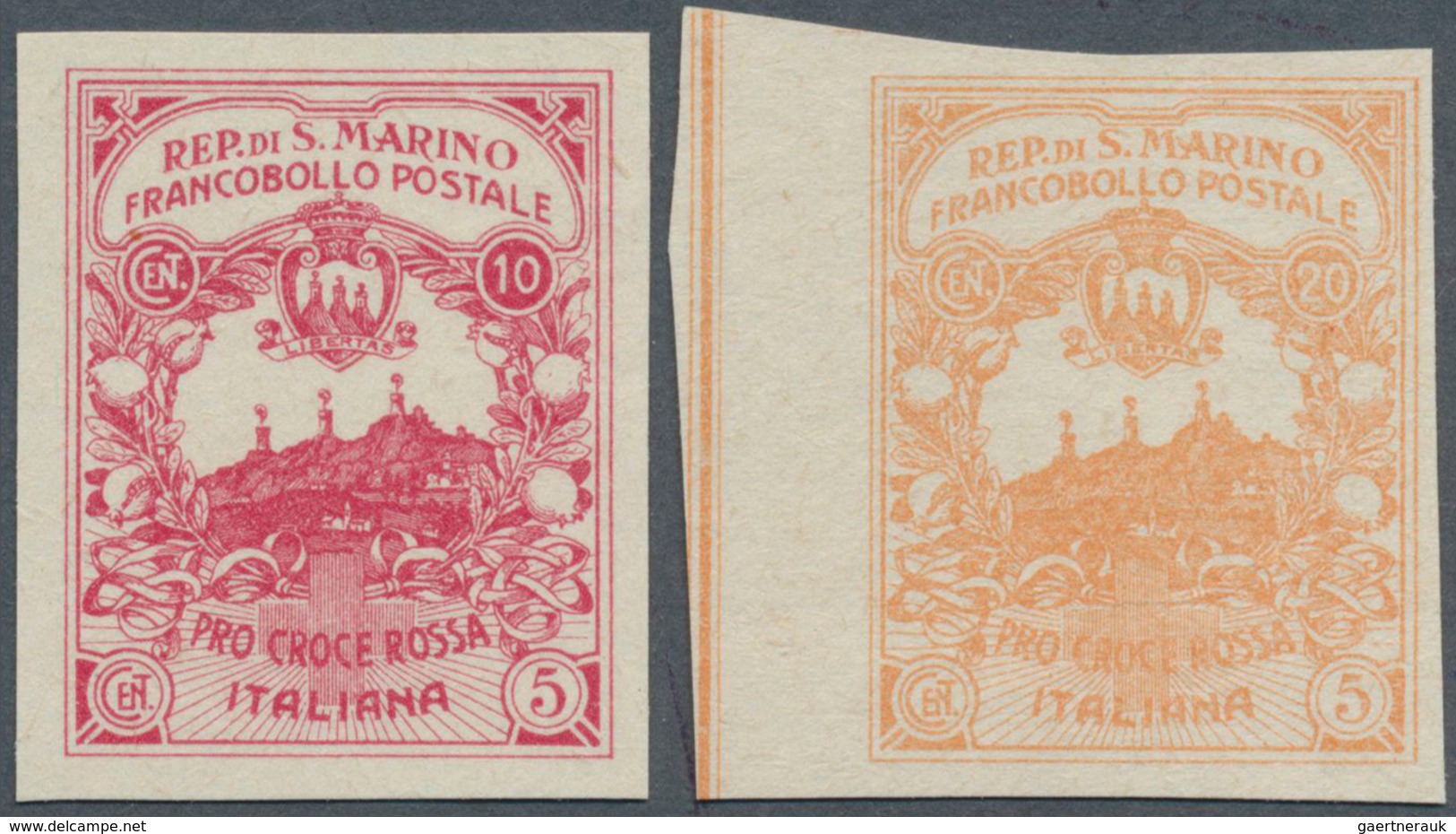 San Marino: 1916, Imperforate PROOFS For UNISSUED RED CROSS Stamps 'Pro Croce Rossa' 10+5cent. Carmi - Andere & Zonder Classificatie