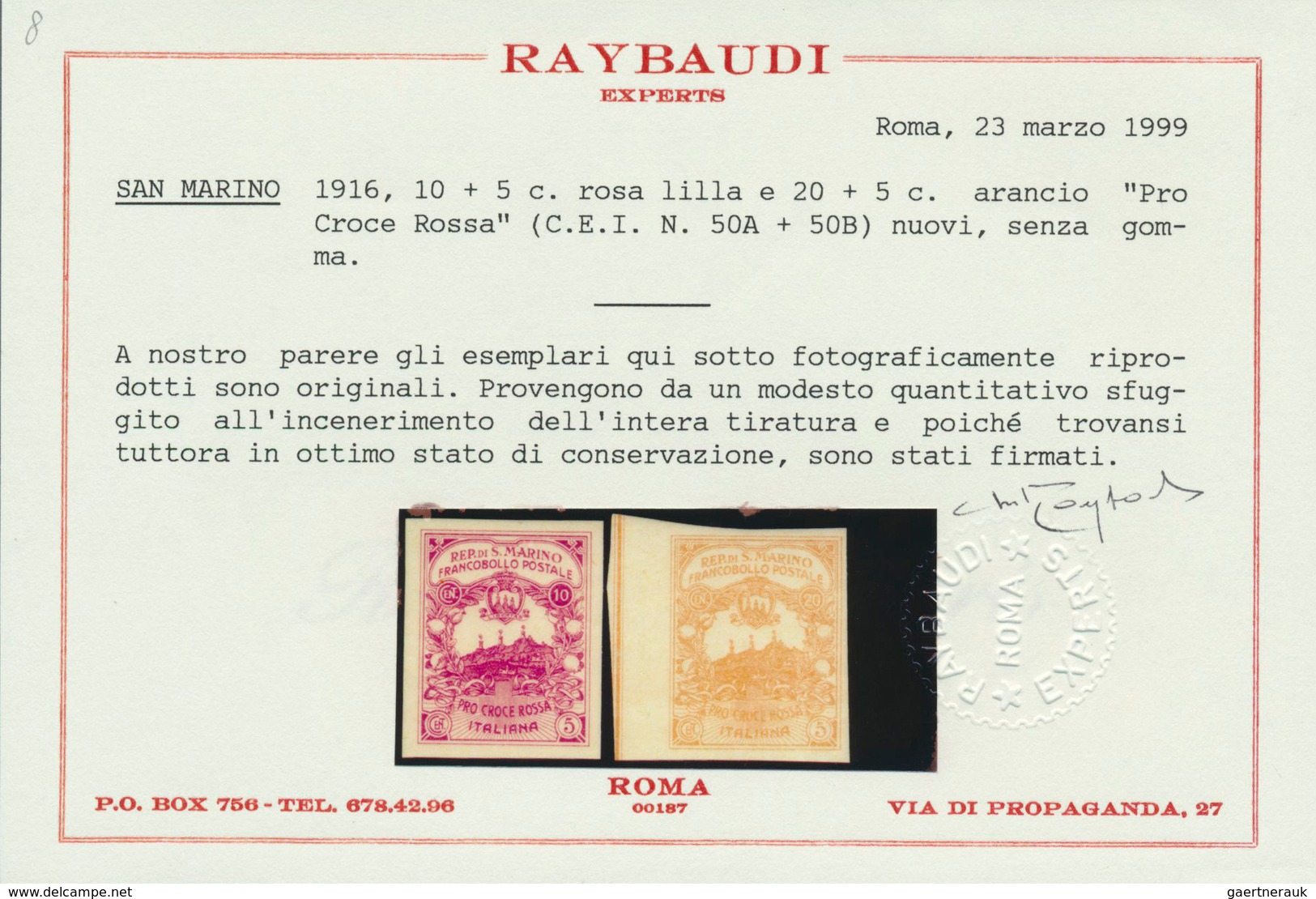 San Marino: 1916, Imperforate PROOFS For UNISSUED RED CROSS Stamps 'Pro Croce Rossa' 10+5cent. Carmi - Andere & Zonder Classificatie