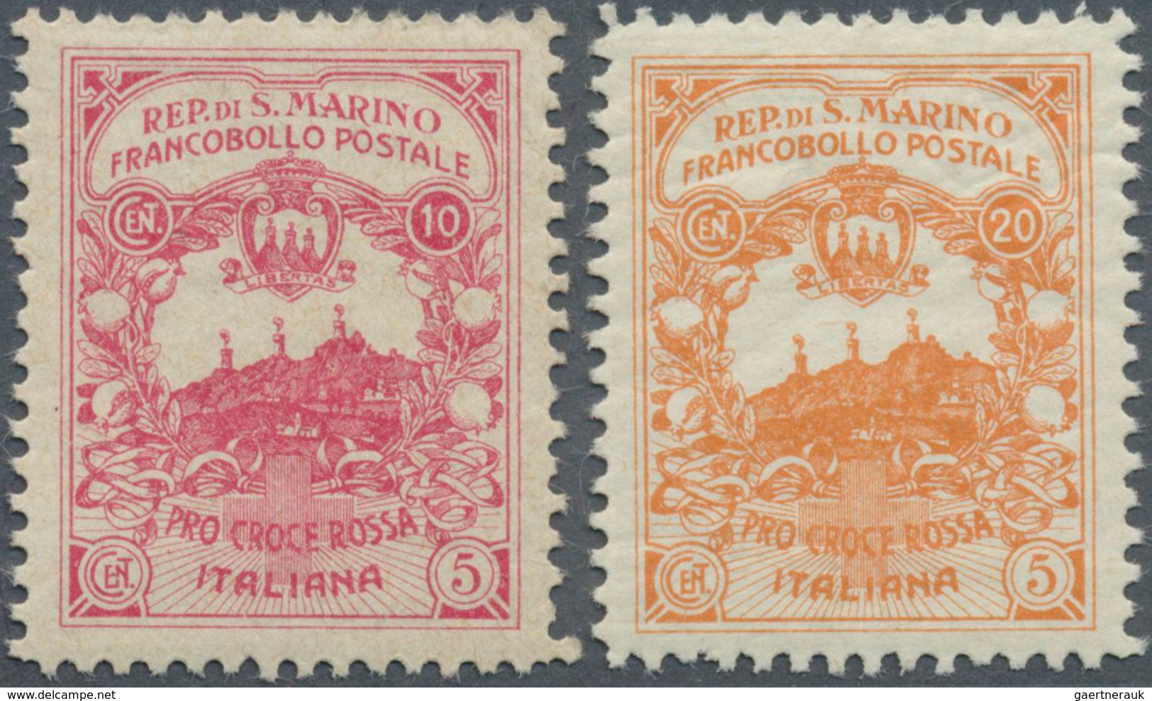 San Marino: 1916, UNISSUED RED CROSS Stamps 'Pro Croce Rossa' 10+5cent. Carmine And 20+5c. Orange Bo - Altri & Non Classificati