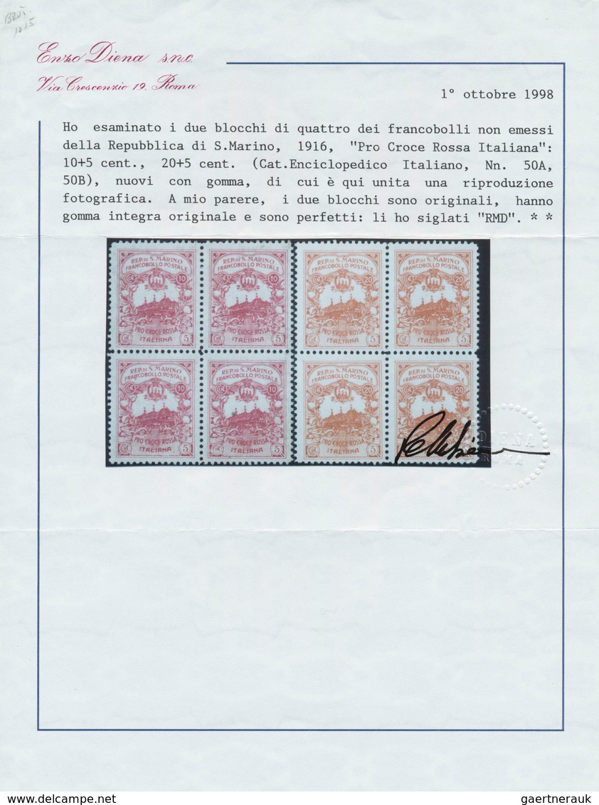 San Marino: 1916, UNISSUED RED CROSS Stamps 'Pro Croce Rossa' 10+5cent. Carmine And 20+5c. Orange Bo - Andere & Zonder Classificatie