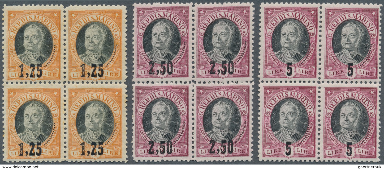 San Marino: 1927, Ravaluation Overprints On Antonio Onofri, Complete Set Of Three Values As Blocks O - Andere & Zonder Classificatie