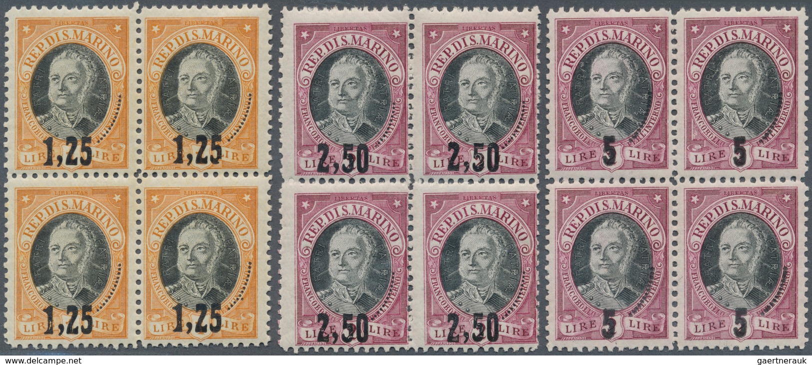 San Marino: 1927, Ravaluation Overprints On Antonio Onofri, Complete Set Of Three Values As Blocks O - Altri & Non Classificati