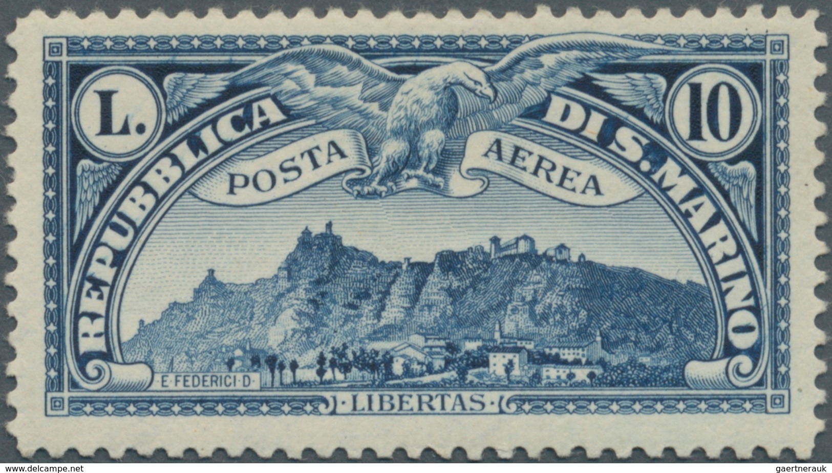 San Marino: 1931, Airmail Stamp ‚Monte Titano‘ 10l. Blue Mint Lightly Hinged And Signed, Very Scarce - Andere & Zonder Classificatie