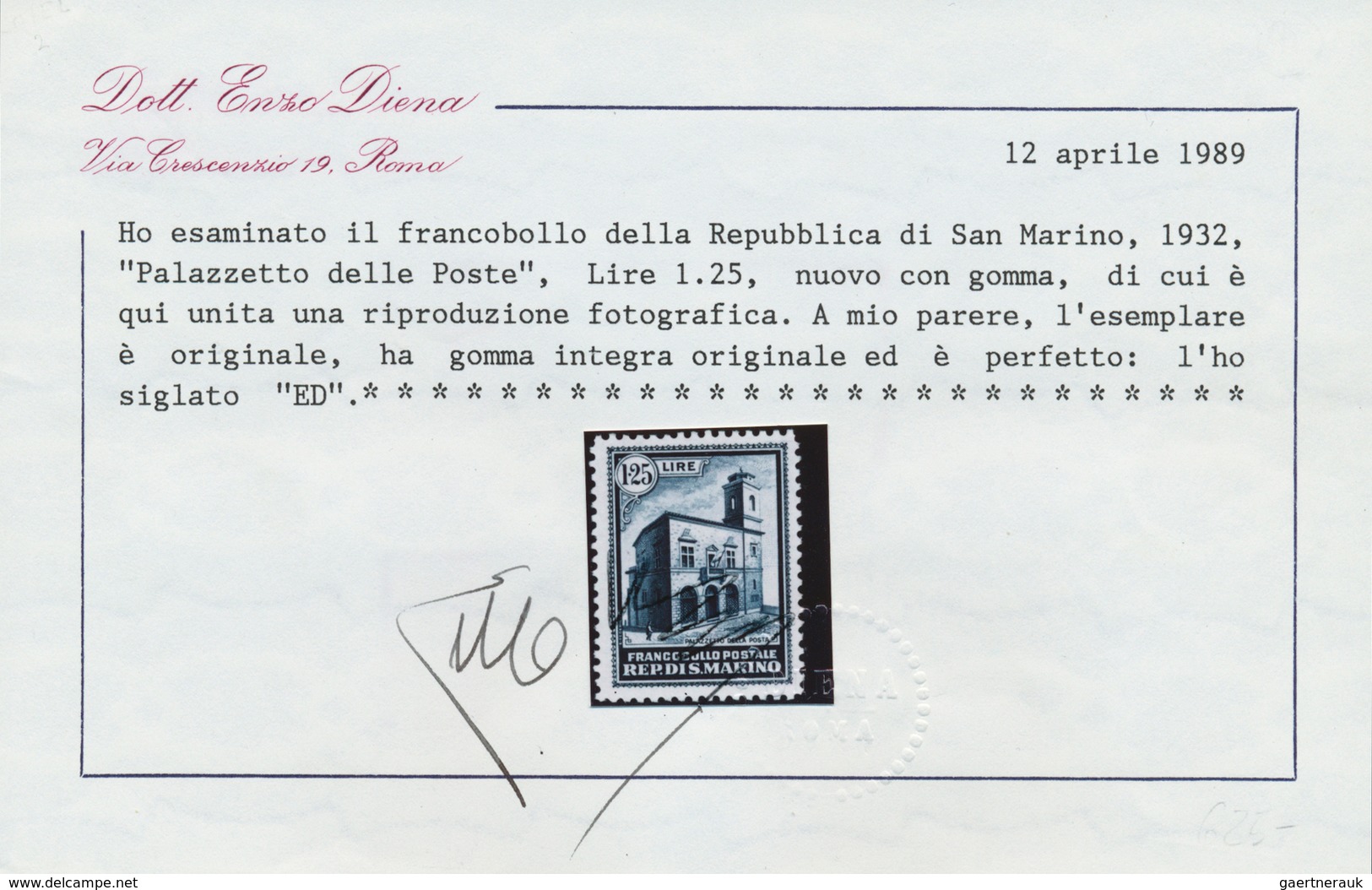 San Marino: 1932, "New Post Office" Complete Well Centered Issue Of 5 Values Mint NH, Signed With Ce - Andere & Zonder Classificatie