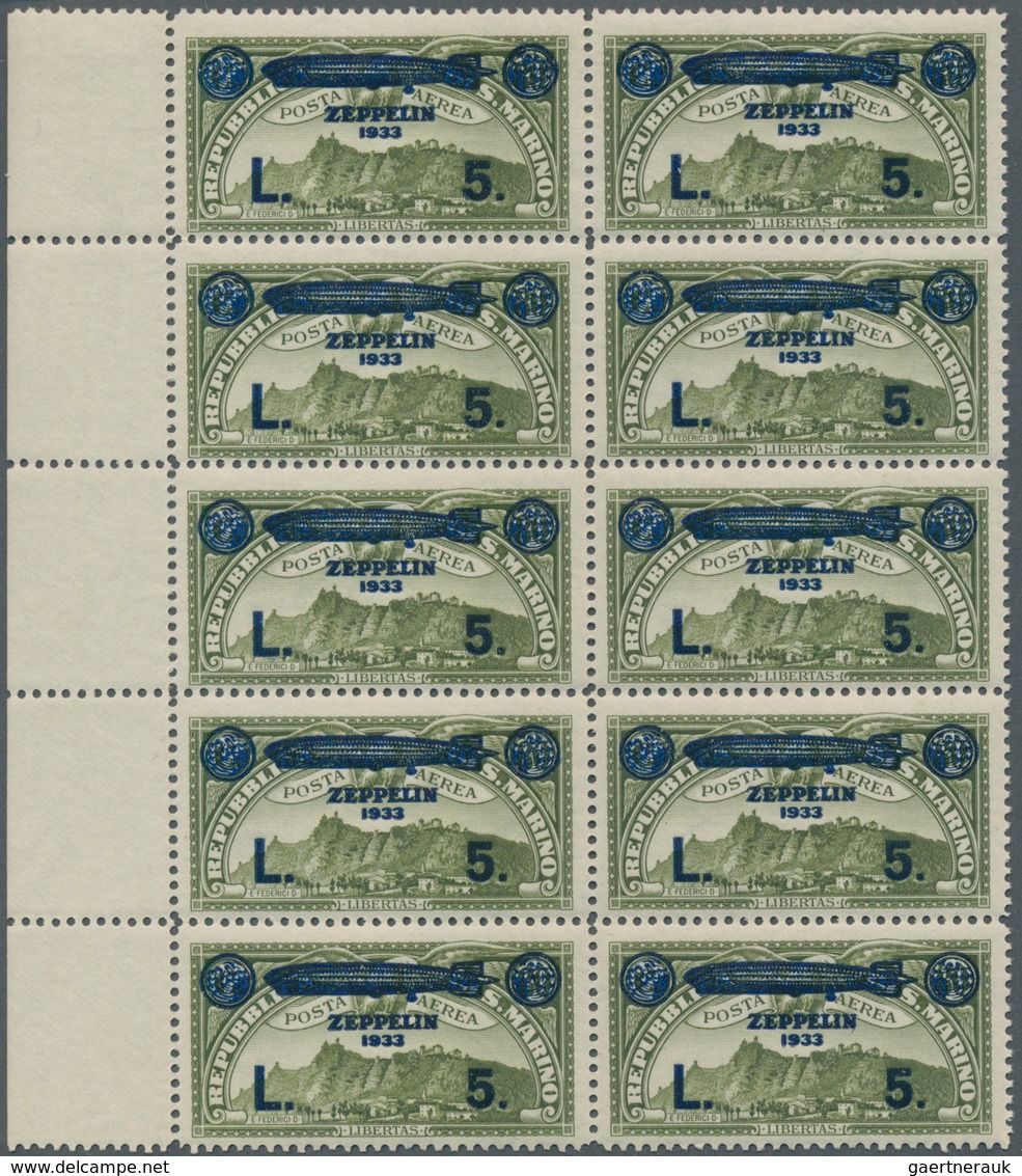 San Marino: 1933, Airmail Stamp ‚Monte Titano‘ 80c. Olive With Blue Opt. ‚ZEPPELIN 1933 / L. 5.‘ Blo - Andere & Zonder Classificatie