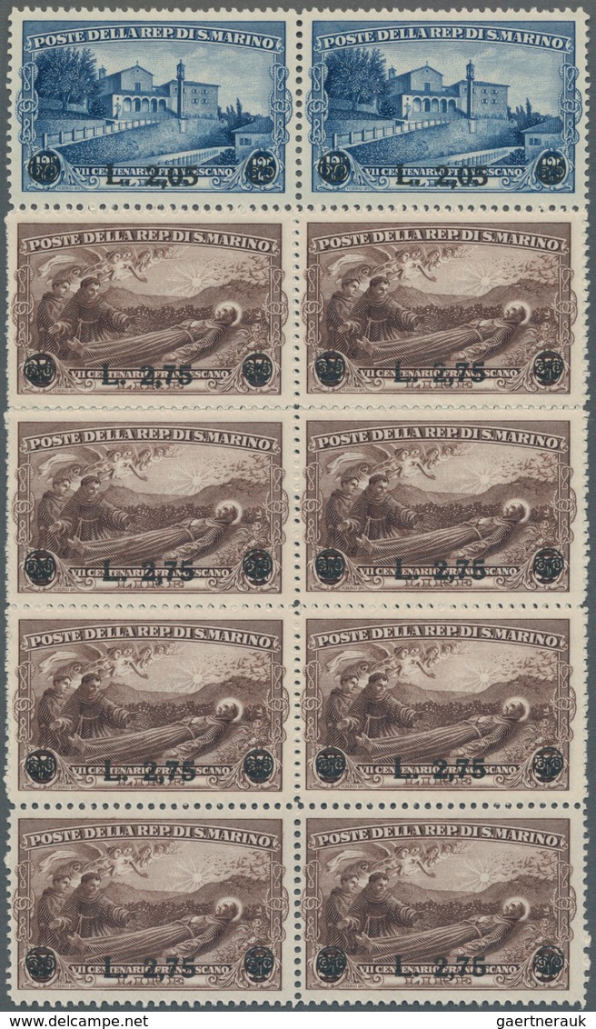 San Marino: 1936, Francisco Of Assisi Surcharges Set Of Two In Blocks Of Eight, Mint Never Hinged, M - Andere & Zonder Classificatie