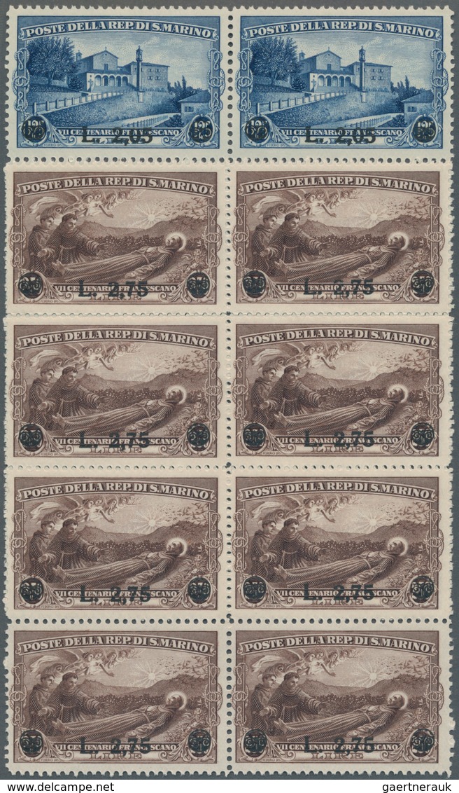 San Marino: 1936, Francisco Of Assisi Surcharges Set Of Two In Blocks Of Eight, Mint Never Hinged, M - Altri & Non Classificati