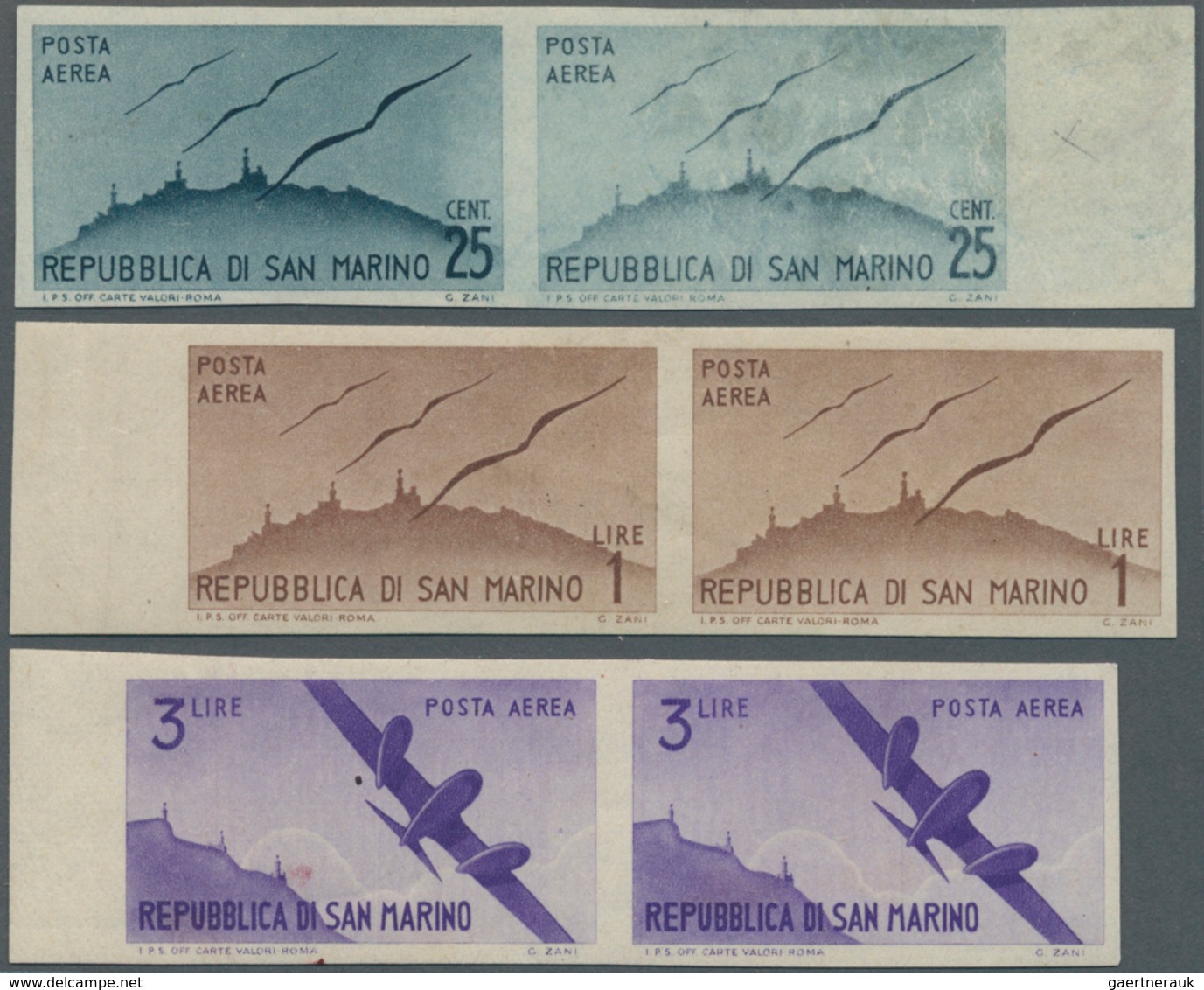 San Marino: 1946, Airmail Stamps 25c. Blackish-blue, 1lire Brown And 3lire Violet In Horizontal IMPE - Other & Unclassified