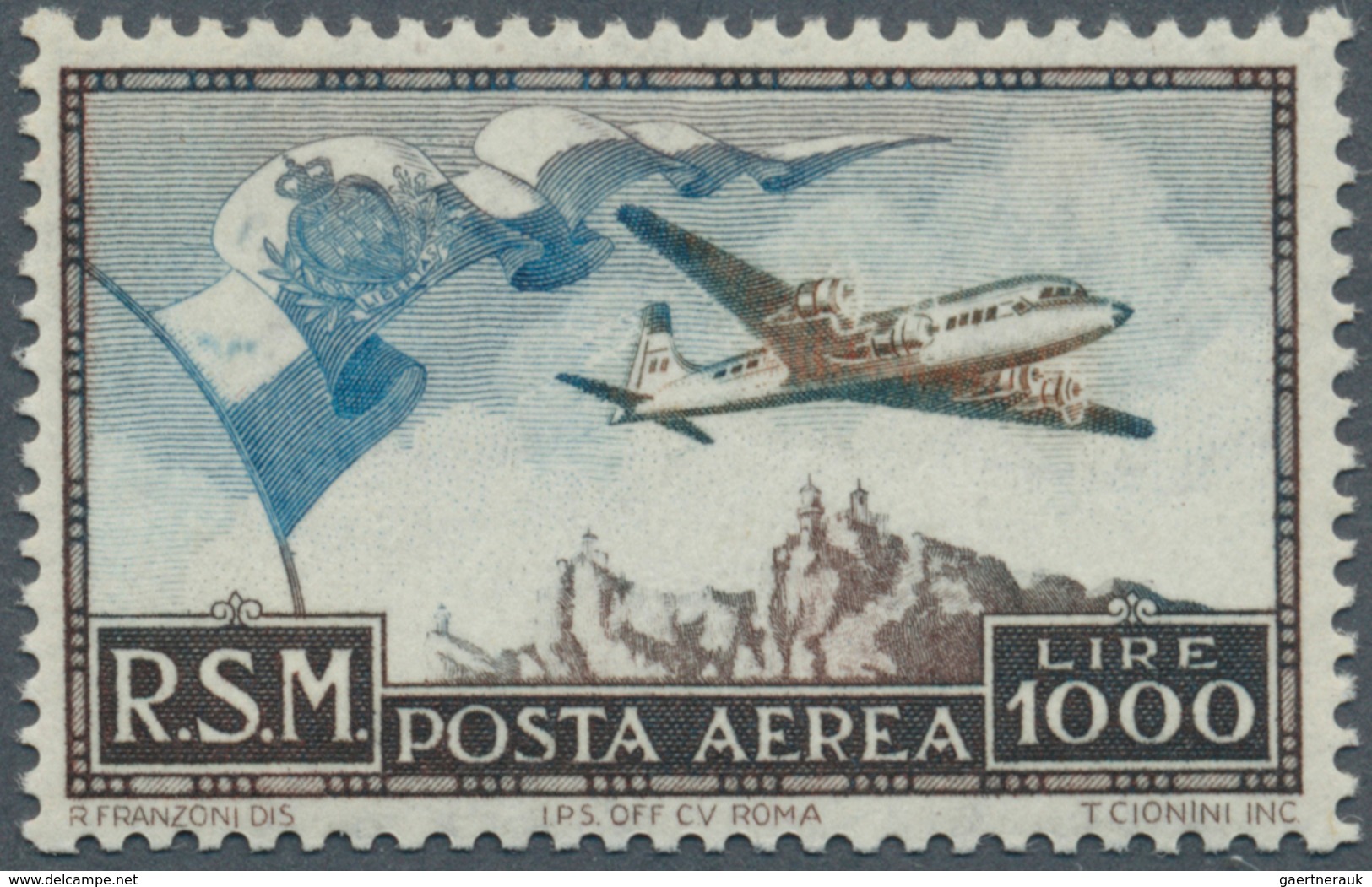 San Marino: 1951, Airmail 1000 L. Blue And Brown, Mint Never Hinged, Fine, Certificate Enzo Diena - Andere & Zonder Classificatie