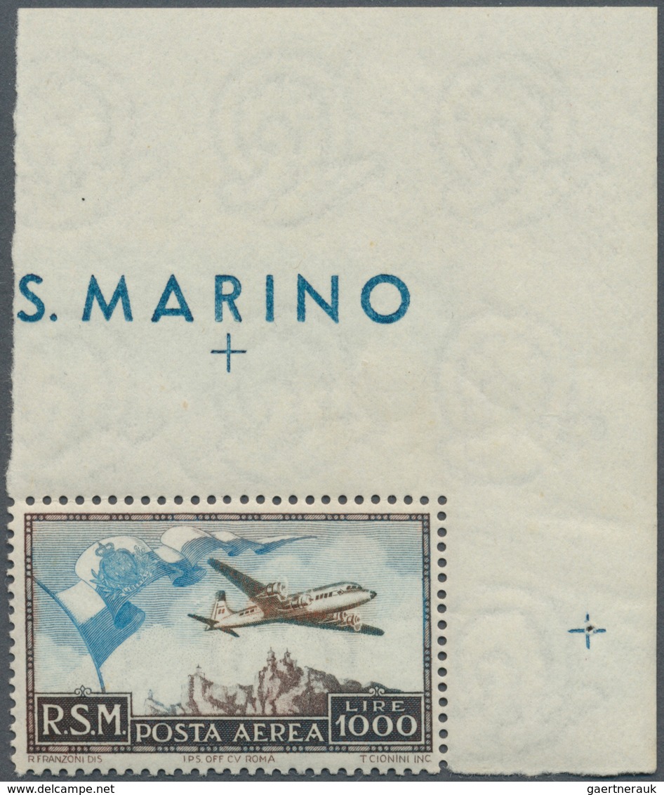 San Marino: 1951, Airmail 1000 L. With Corner Sheet Margins, Mint Never Hinged, Fine - Andere & Zonder Classificatie