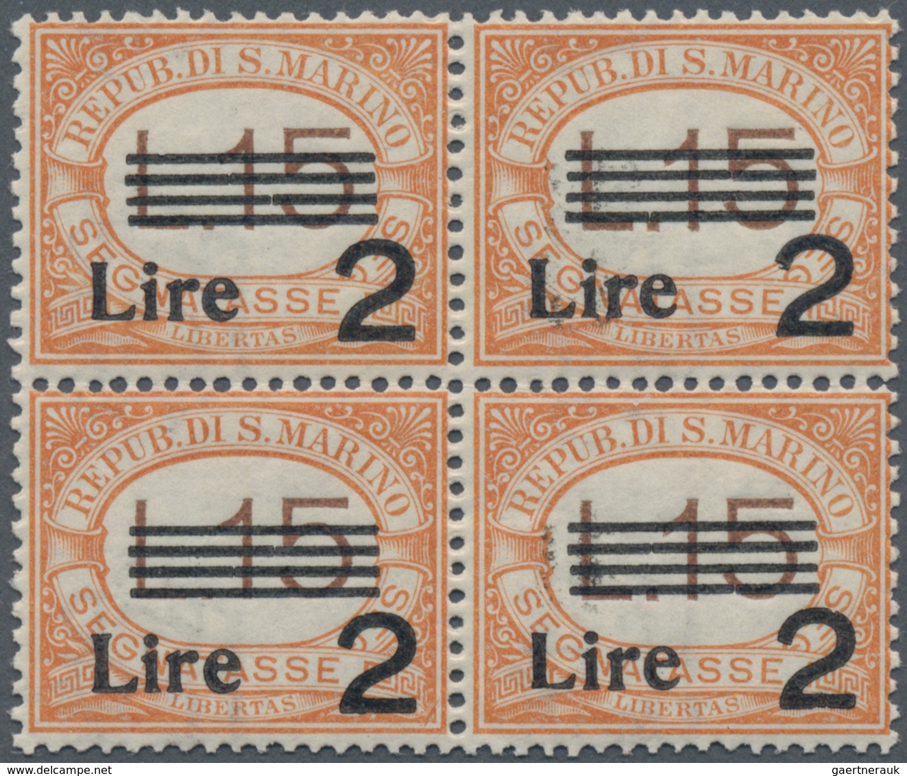 San Marino - Portomarken: 1938, Postage Due 15l. Orange/brown Surch. ‚Lire 2‘ Block Of Four, Mint Ne - Segnatasse