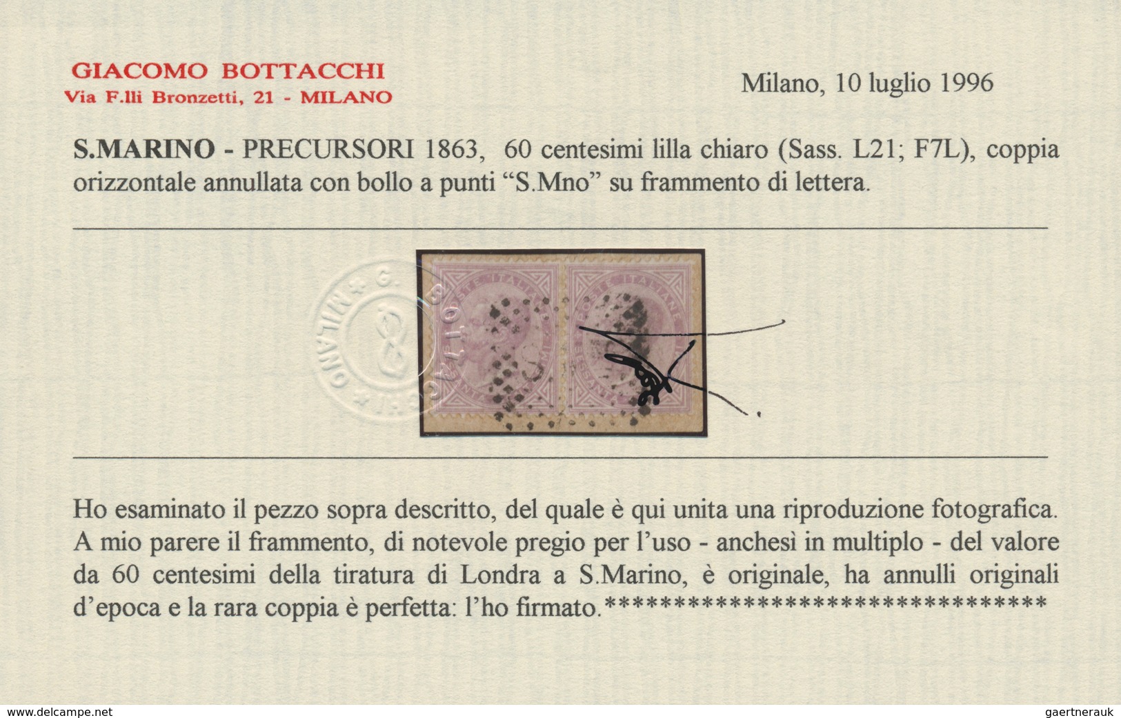 San Marino - Stempel: 1863: FORERUNNER, 60 Cent Light Lilac Of Italy, London Printing, Horizontal Pa - Andere & Zonder Classificatie