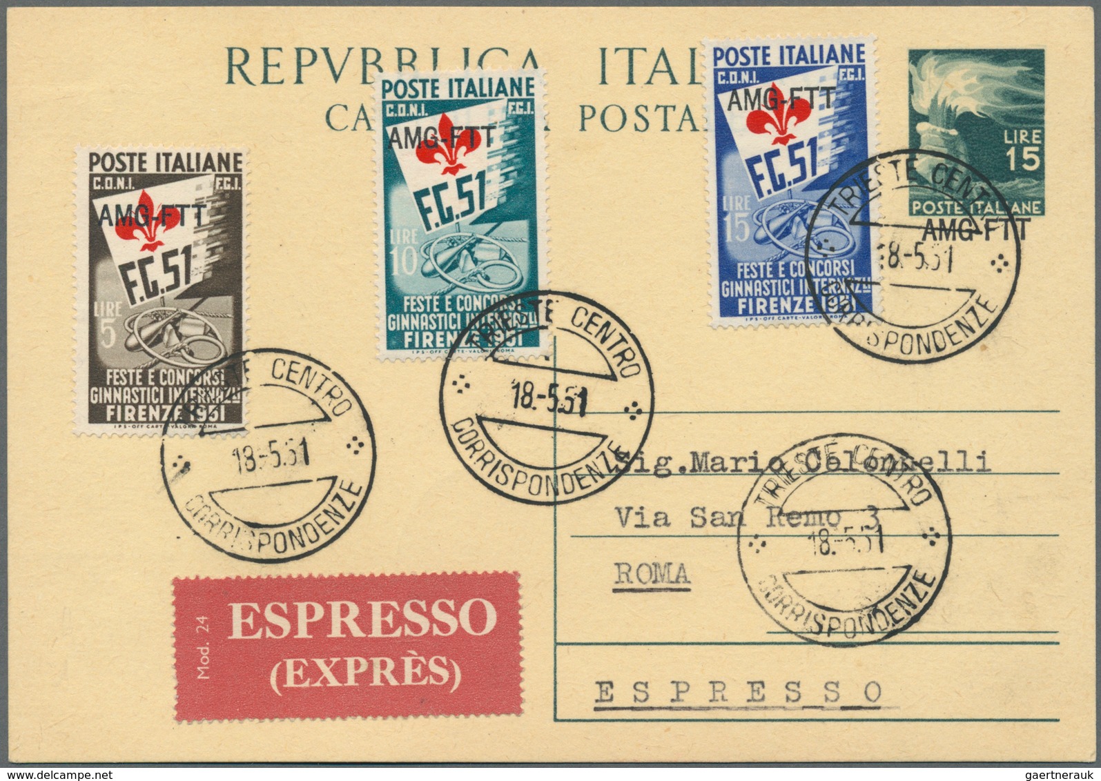 Triest - Zone A: 1951, Gymnastic Competitions Florence, Complete Set With First Day Cancellation TRI - Storia Postale