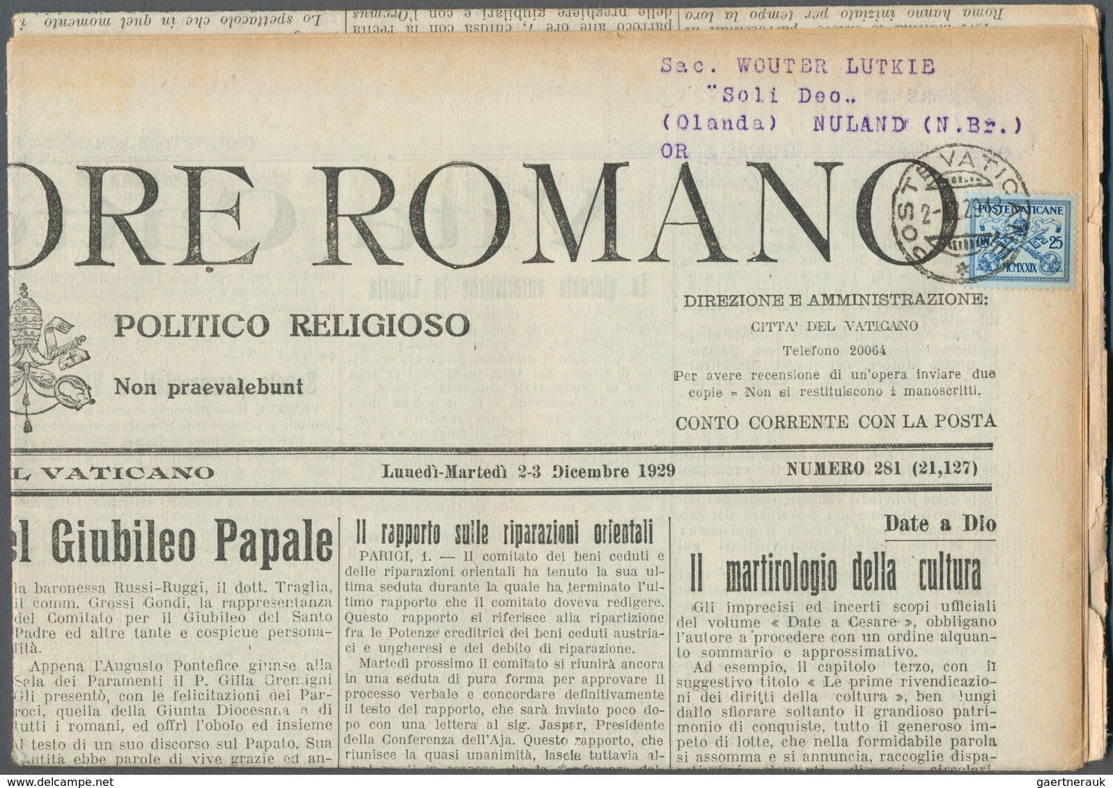 Vatikan: 1929, Newpaper "L 'OSSERVATORE ROMANO" Franked With 25 Cent. To Netherlands. - Andere & Zonder Classificatie