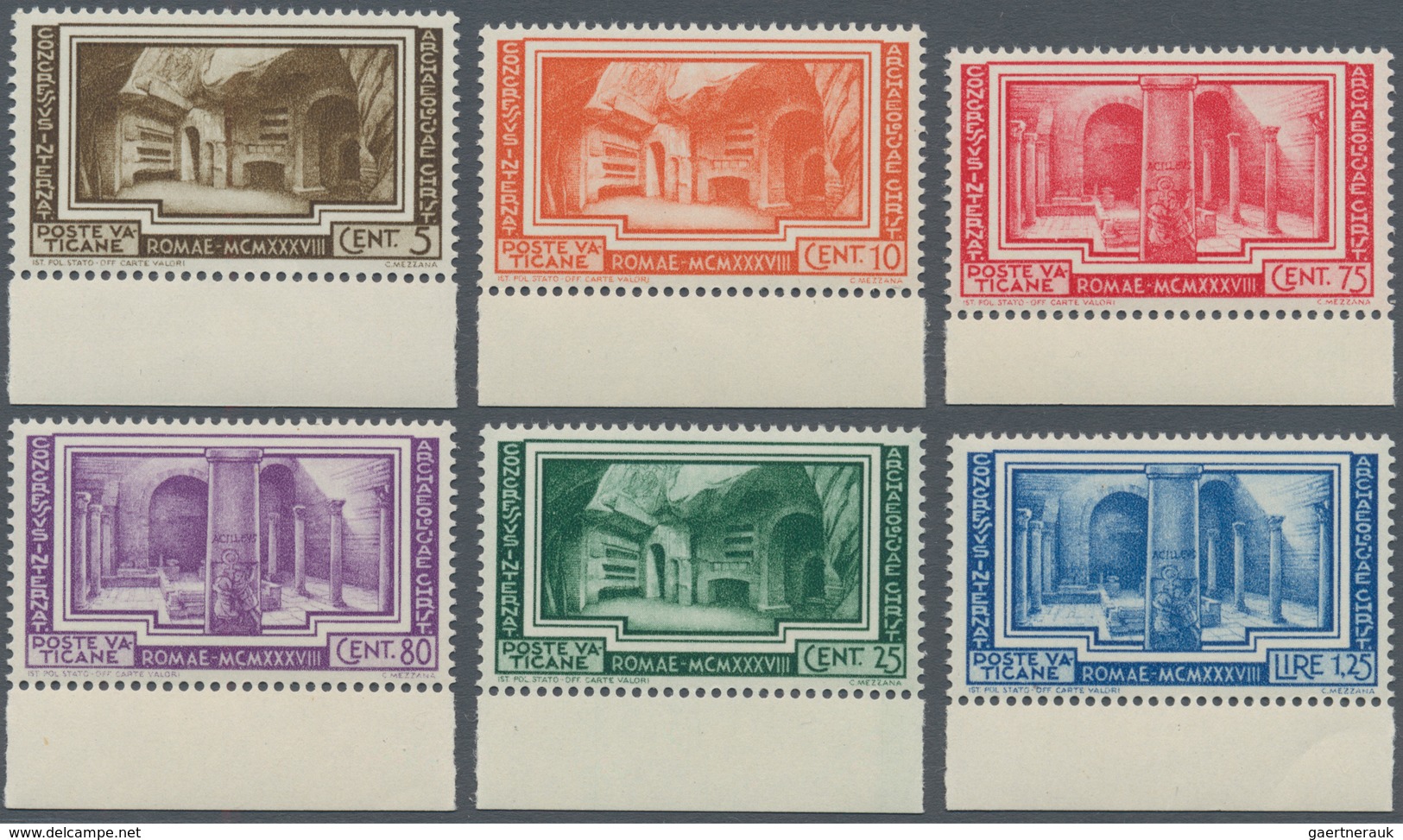 Vatikan: 1938, Archaeological Congress, Complete Set Of Six Values With Lower Margin, Signed And Cer - Other & Unclassified