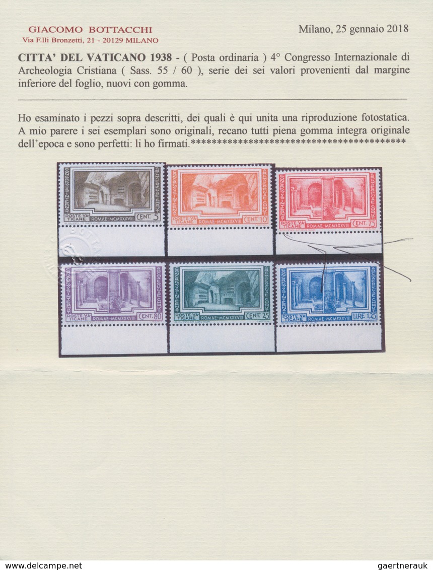 Vatikan: 1938, Archaeological Congress, Complete Set Of Six Values With Lower Margin, Signed And Cer - Andere & Zonder Classificatie